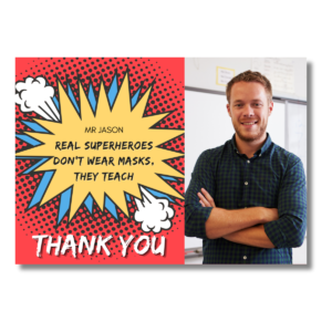 Red Yellow Superhero Thank You Teacher Card